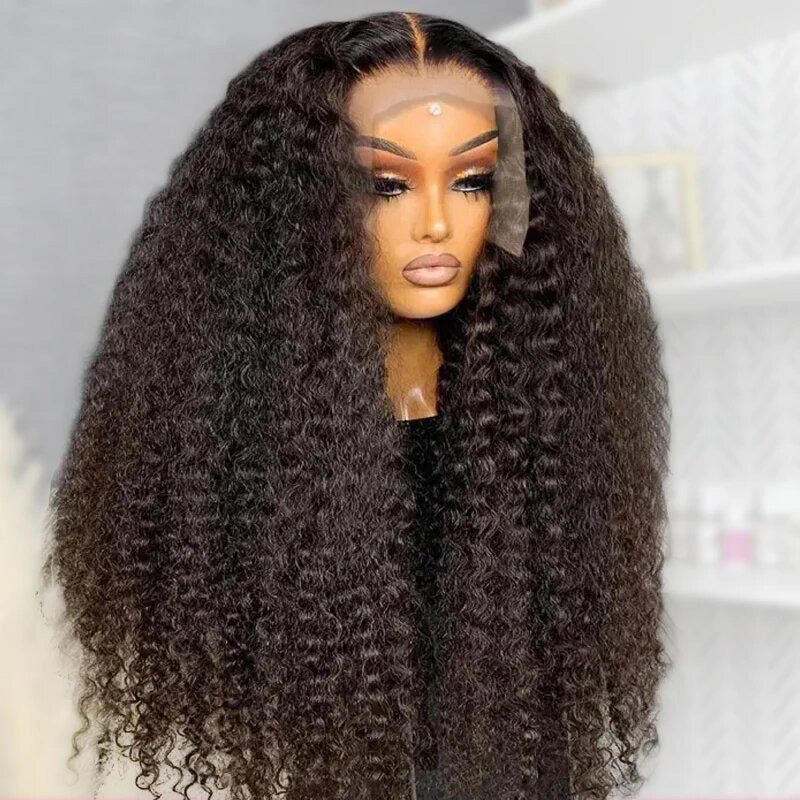 300% Density Deep Curly Transparent Lace Front Virgin Human Hair Wig Front View