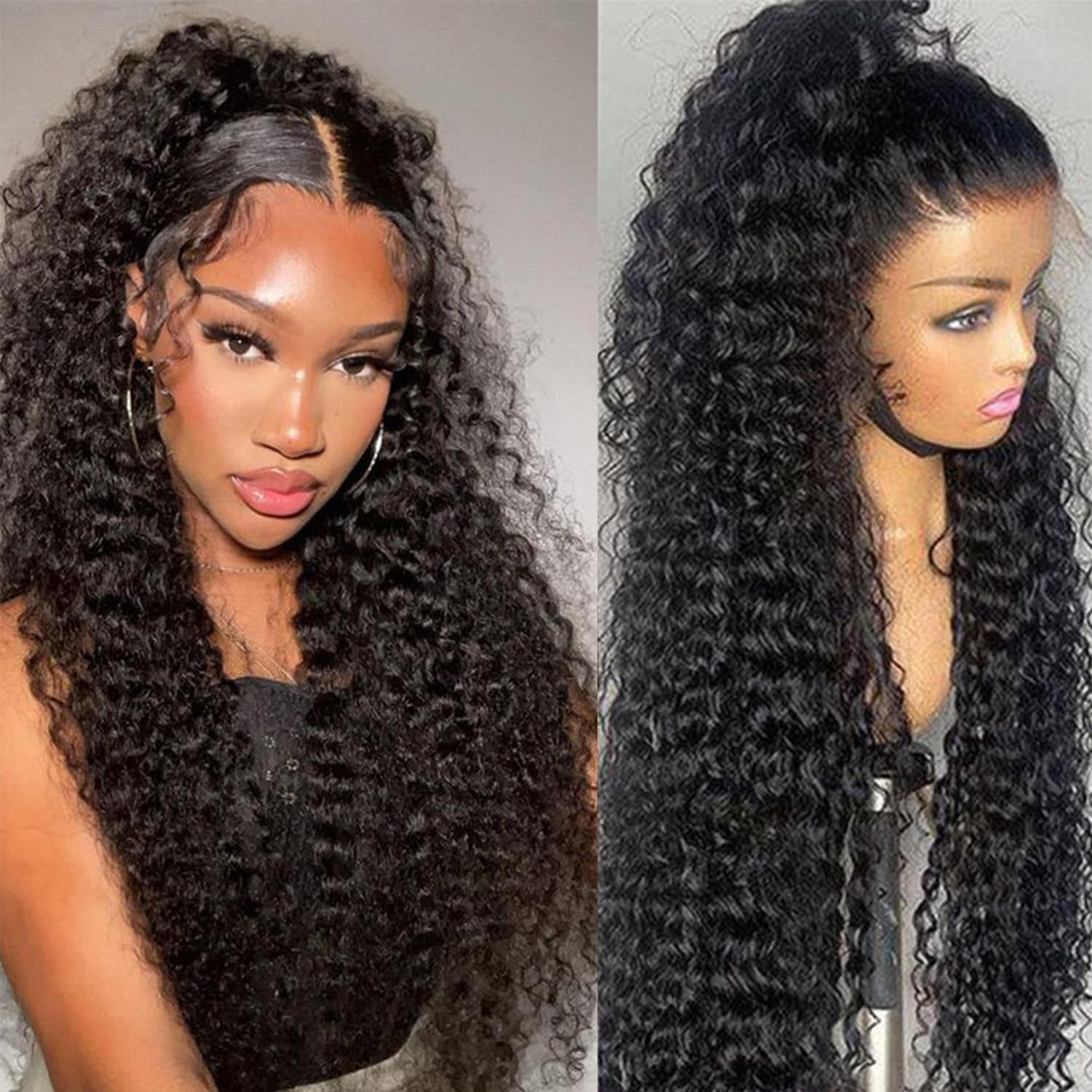 Deep wave lace front wig made from 100% human hair with HD transparent lace, realistic natural hairline and defined curls for versatile styling