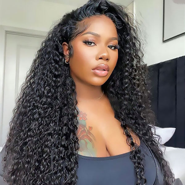 100% human hair deep wave lace front wig with HD transparent lace, natural hairline, soft bouncy curls and comfortable everyday wear