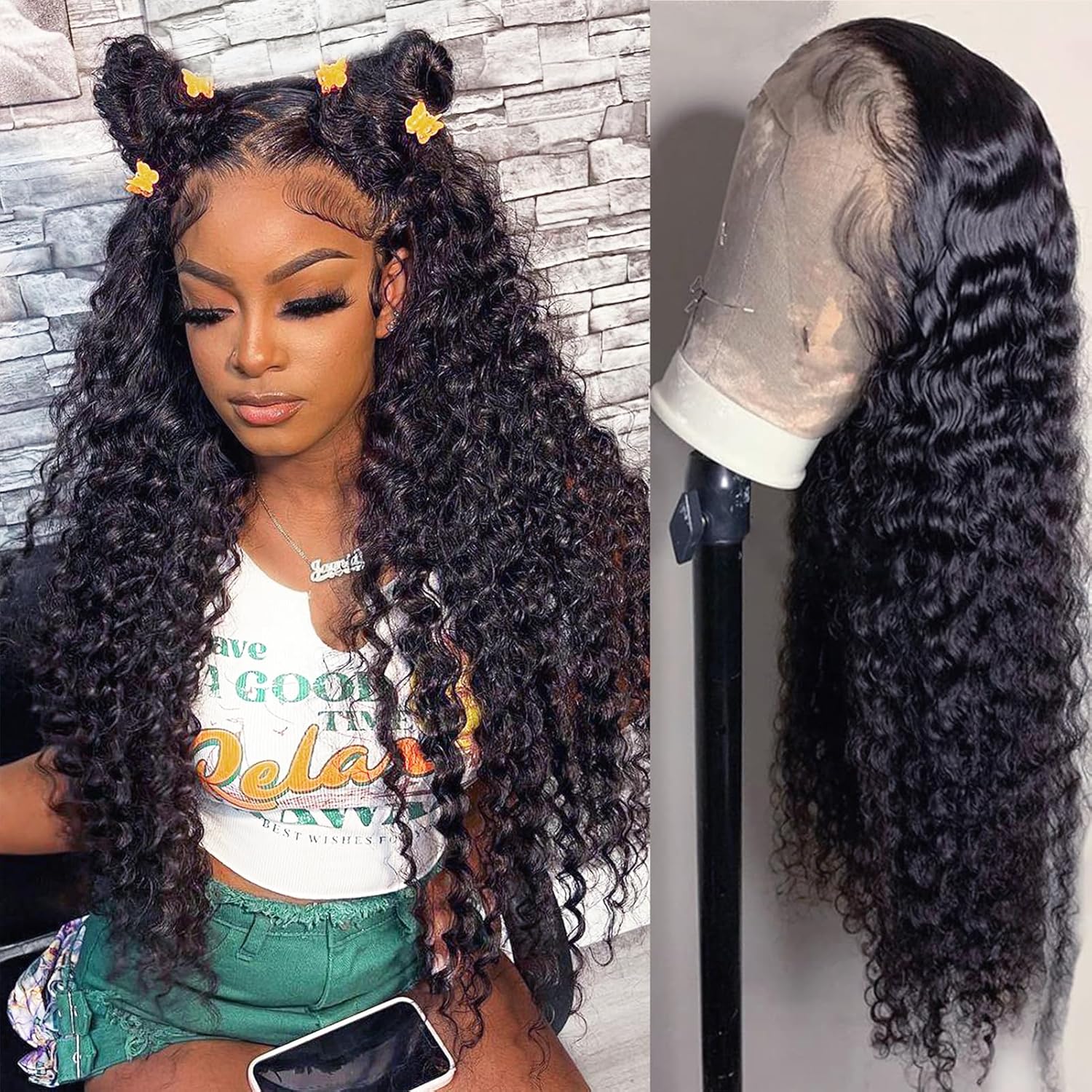 Deep wave human hair wig featuring HD transparent lace, pre-plucked hairline, natural volume and long-lasting defined curl pattern