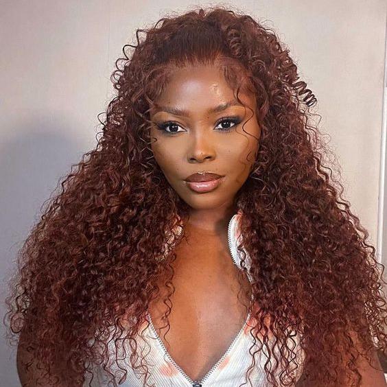 #33 Reddish Brown Kinky Curly Lace Closure Wig High Density Human Hair Wigs With Baby Hair