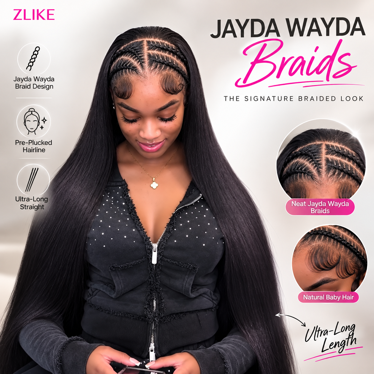 Zlike 300% Density Jayda Wayda Braids Straight Human Hair Wig 13x4/13x6 Pre-Cut Lace Glueless Wig with Drawstring