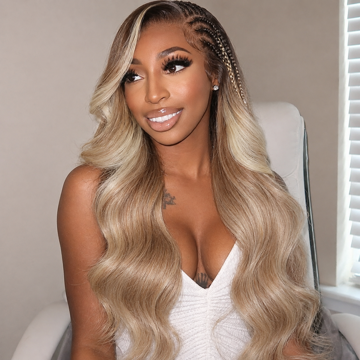 Zlike 13x6 Pre Braided Brunette Blonde Highlights Loose Body Lace Front Wig Glueless Human Hair Wigs Natural Hairline