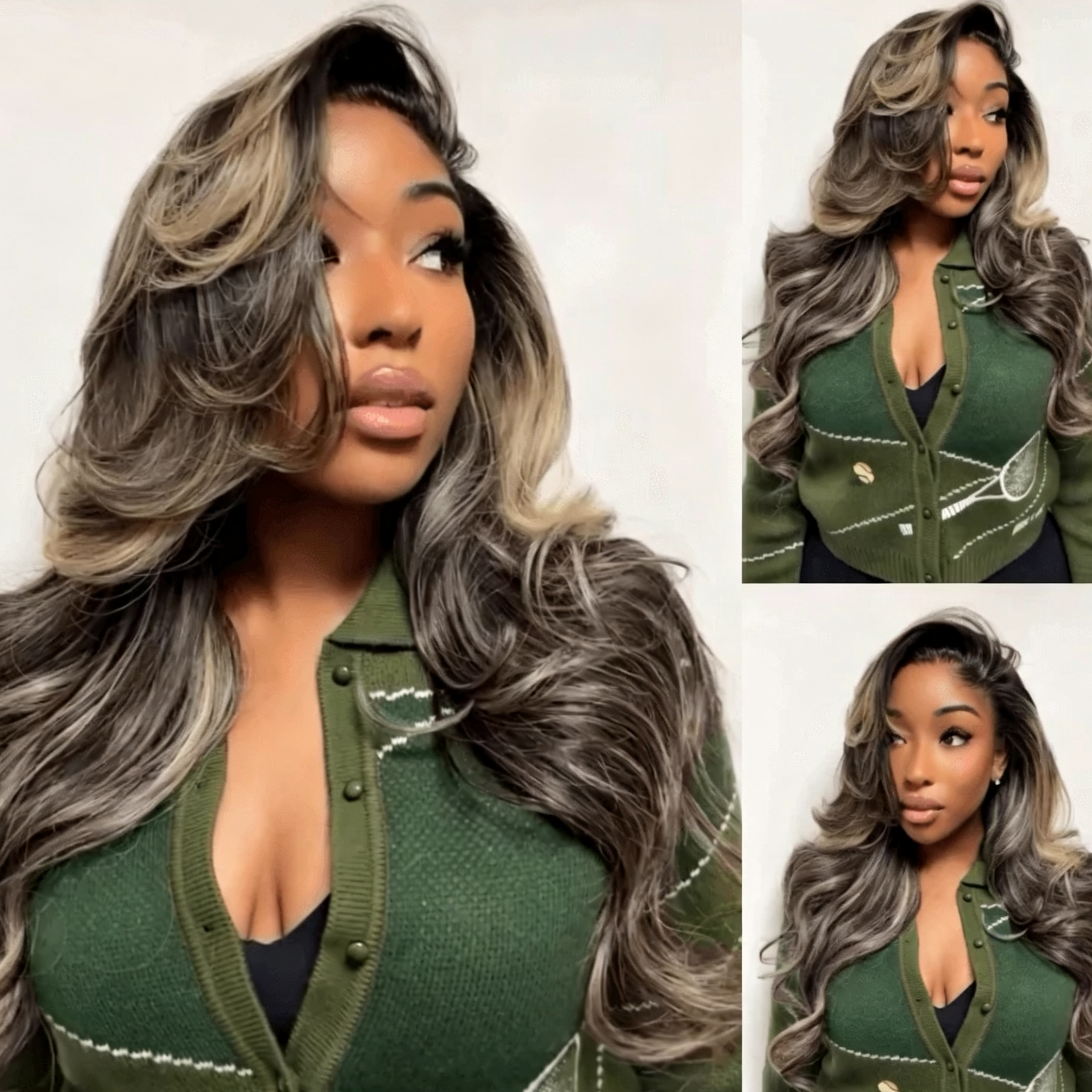 Zlike Brown Mixed Golden Color Long Wavy Human Hair Wigs Ombre Brown Balayage Highlight Lace Front Wigs with Drawstring