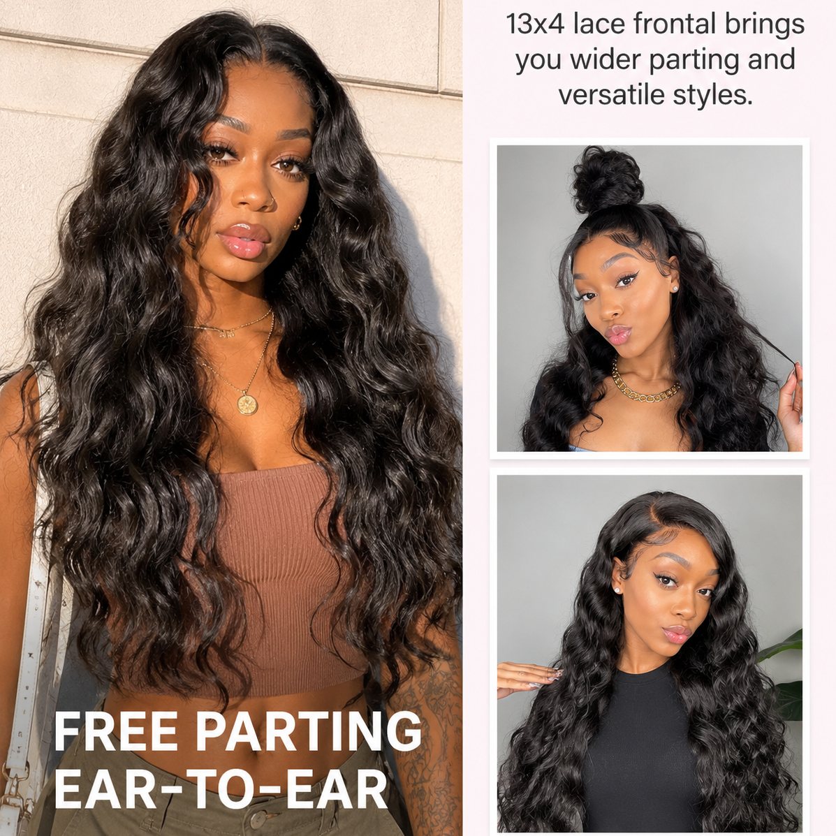 Natural wave lace wig worn with realistic hairline and voluminous human hair