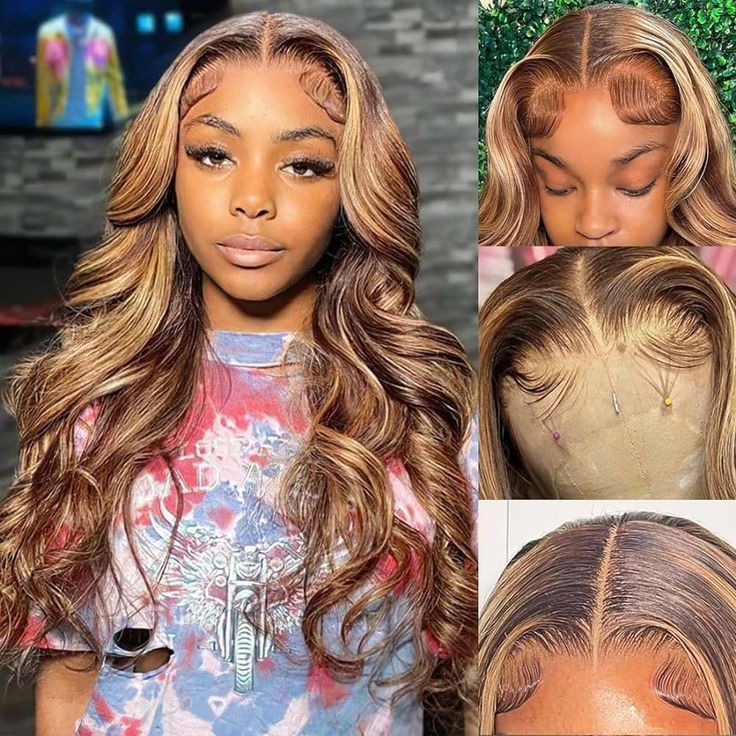 Highlight Honey Brown #4/27 Body Wave Transparent Lace Closure Human Hair Wigs With Baby Hair