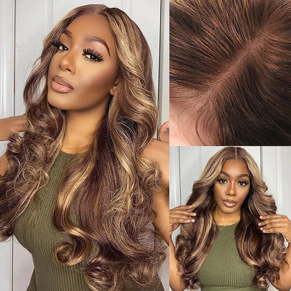 Highlight Honey Brown #4/27 Body Wave Transparent Lace Closure Human Hair Wigs With Baby Hair