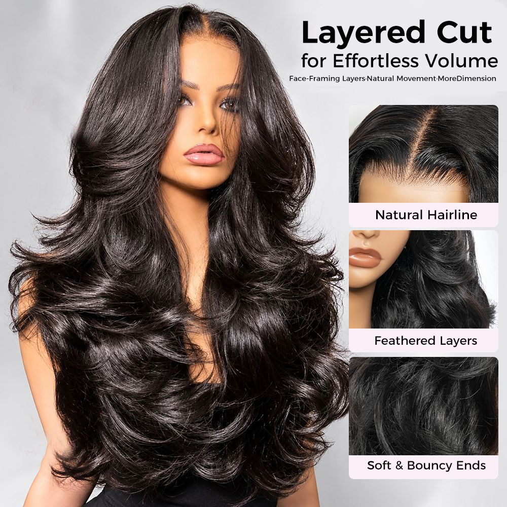 Zlike Butterfly Haircuts Layered Cut Loose Wave Wigs Pre-styled Human Hair Glueless Wigs With Drawstring