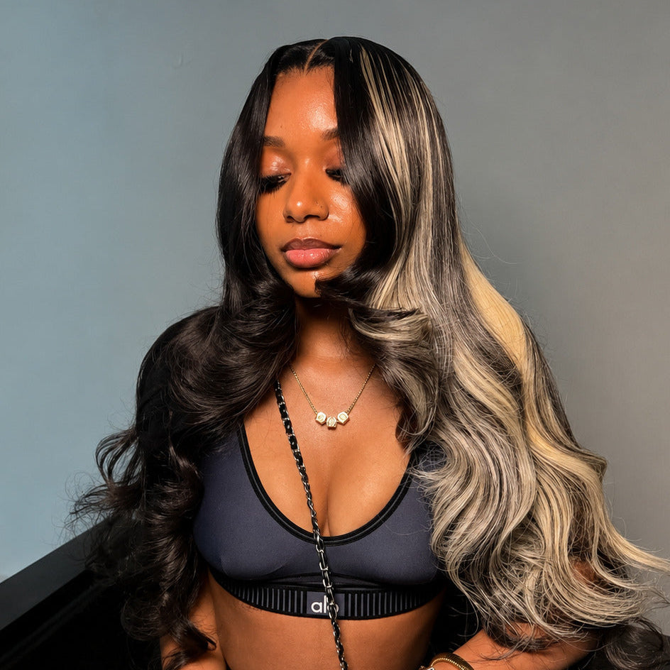 Zlike Layered Cut Body Wave Skunk Stripe Money Piece Blonde Highlight Glueless Human Hair Wigs Pre-Styled Heavy Layers