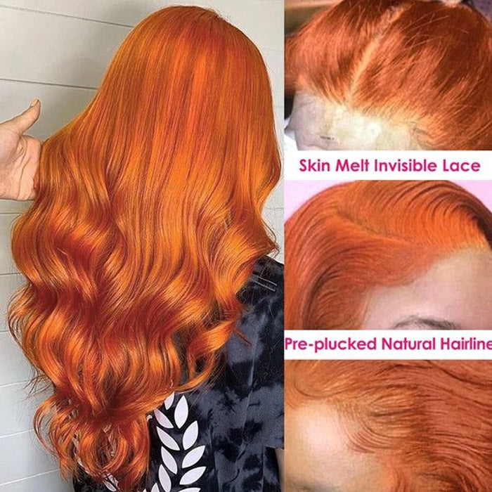 Ginger Orange Colored Body Wave Wig 13x4 Lace Front 180% Density Human Hair Wigs For Women