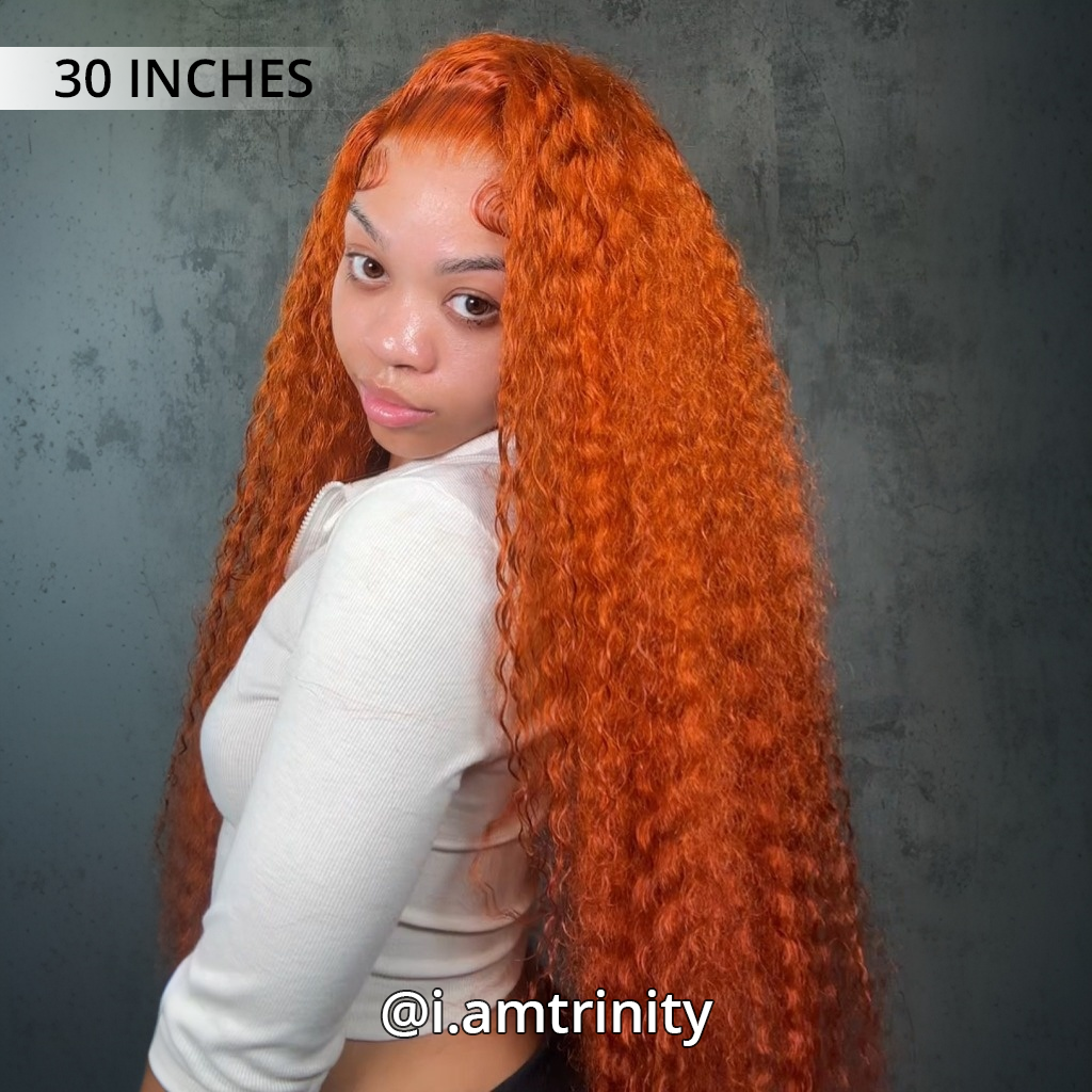 Back view of ginger water wave human hair wig with full body