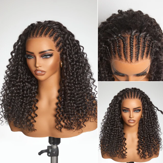 Glueless Pre Braided Fulani Deep Wave 360 Full Lace Human Hair Wig Front View
