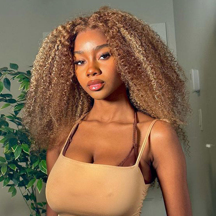 Honey Blonde Highlights #4/27 Colored Curly Transparent Lace 100% Virgin Human Hair Wigs