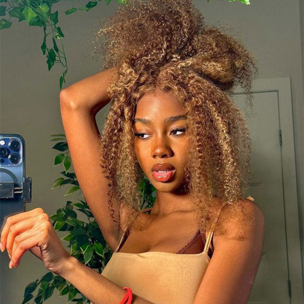 Honey Blonde Highlights #4/27 Colored Curly Transparent Lace 100% Virgin Human Hair Wigs