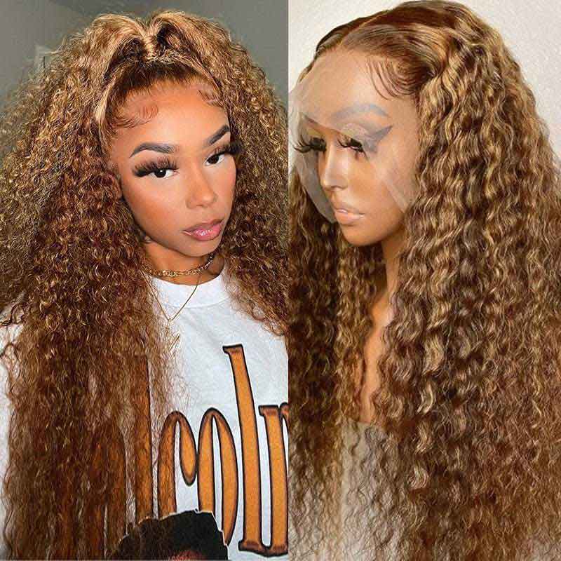 Honey Blonde Highlights #4/27 Colored Curly Transparent Lace 100% Virgin Human Hair Wigs