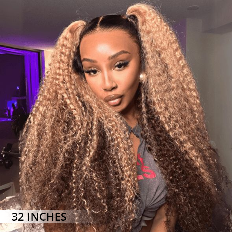 Honey blonde dark root wig front view with natural water wave curls