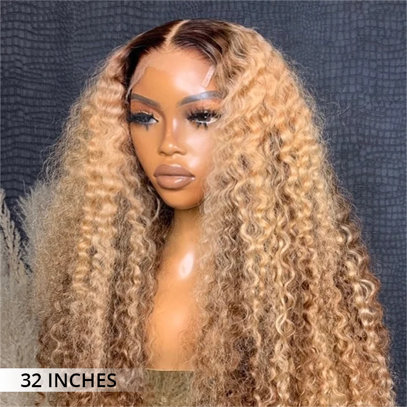 Honey blonde highlight wig with natural dark roots color blend