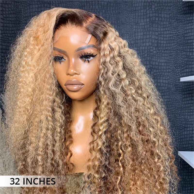Back view of honey blonde water wave human hair wig with full volume