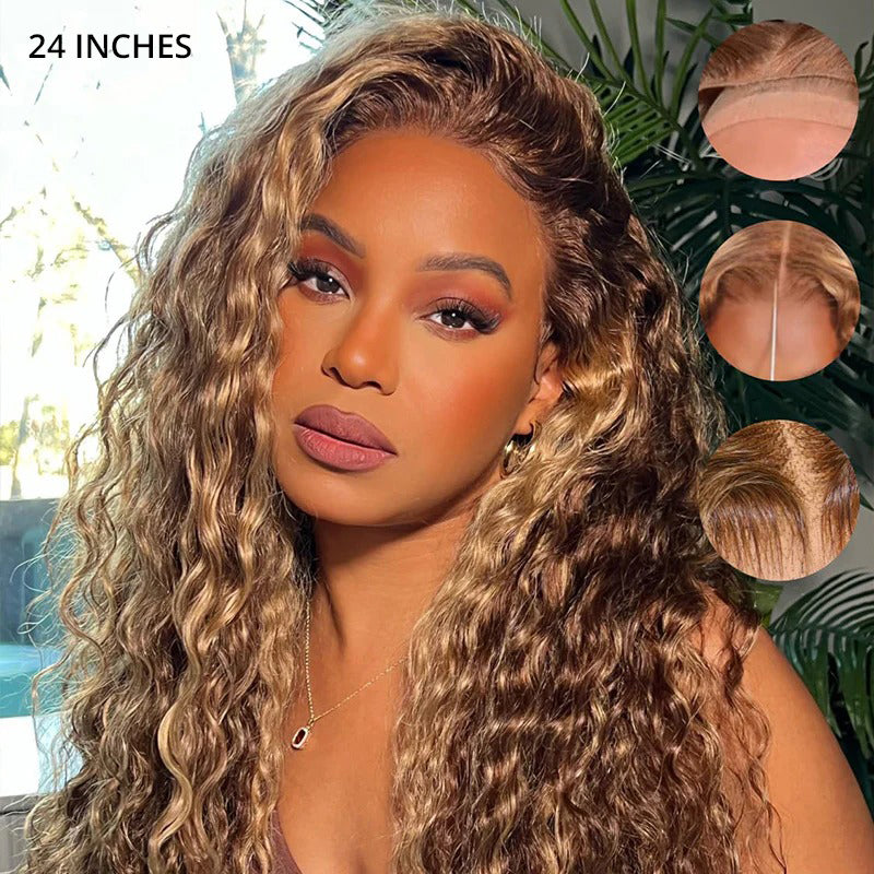 Honey blonde highlight water wave wig front view with soft waves