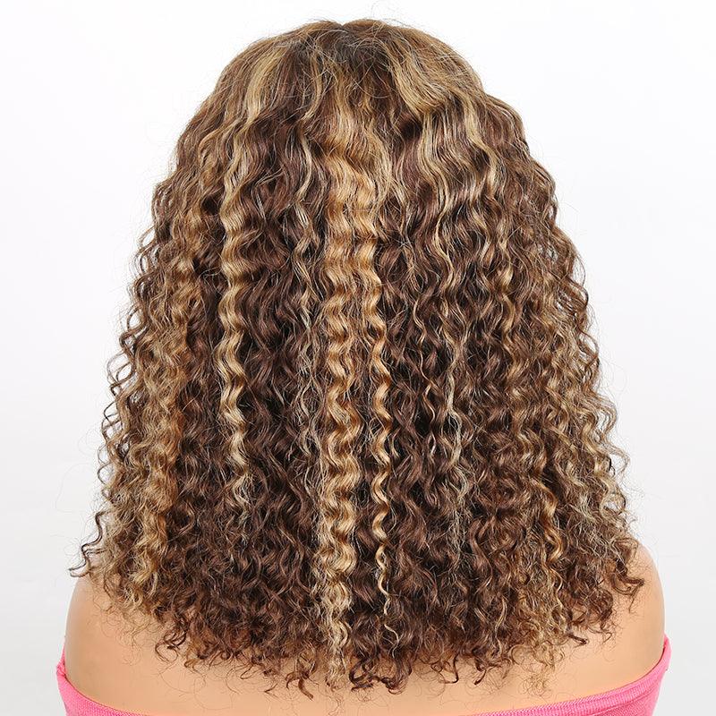 $129 = 2 Wigs | U Part Glueless Wear & Go Deep Wave Natural Color Wig + Glueless Wear & Go Jerry Curly Bob Highlight Wig With Bangs