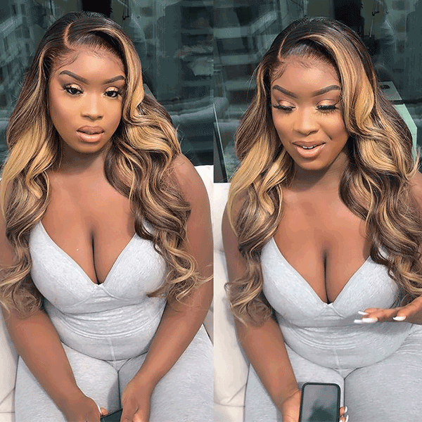 Black Roots Body Wave 4/27 Ombre Highlight Transparent Lace Frontal Human Hair Wigs