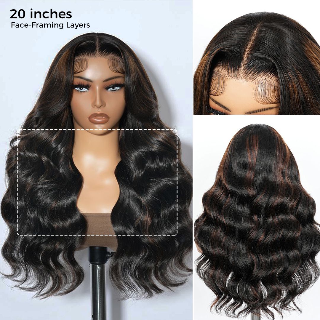 Zlike 300% Density #30 Highlight Layered Body Wave Wig with Curtain Bangs 13x4 Lace Front Human Hair Wig with Drawstring