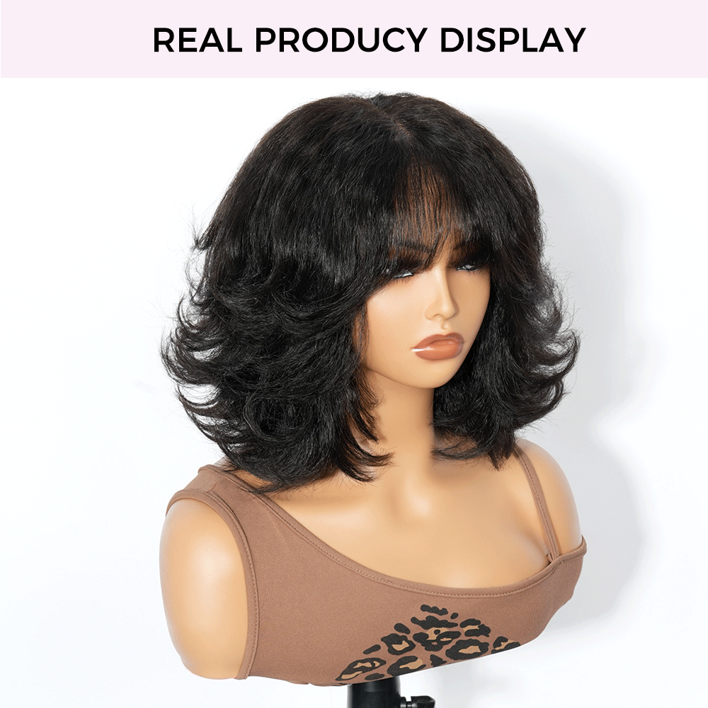 Zlike Wolf Cut Yaki Bob Wig with Wispy Bangs 100% Human Hair Lace Front Wig