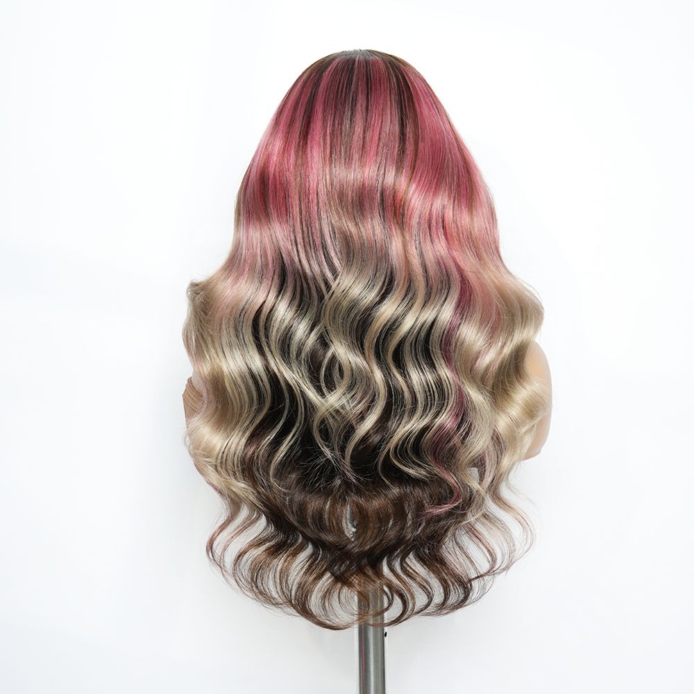 Zlike Pink Money Piece Smoky Ombre Body Wave Human Hair Glueless Wigs Pre-Cut 13x4 Transparent Lace Wigs