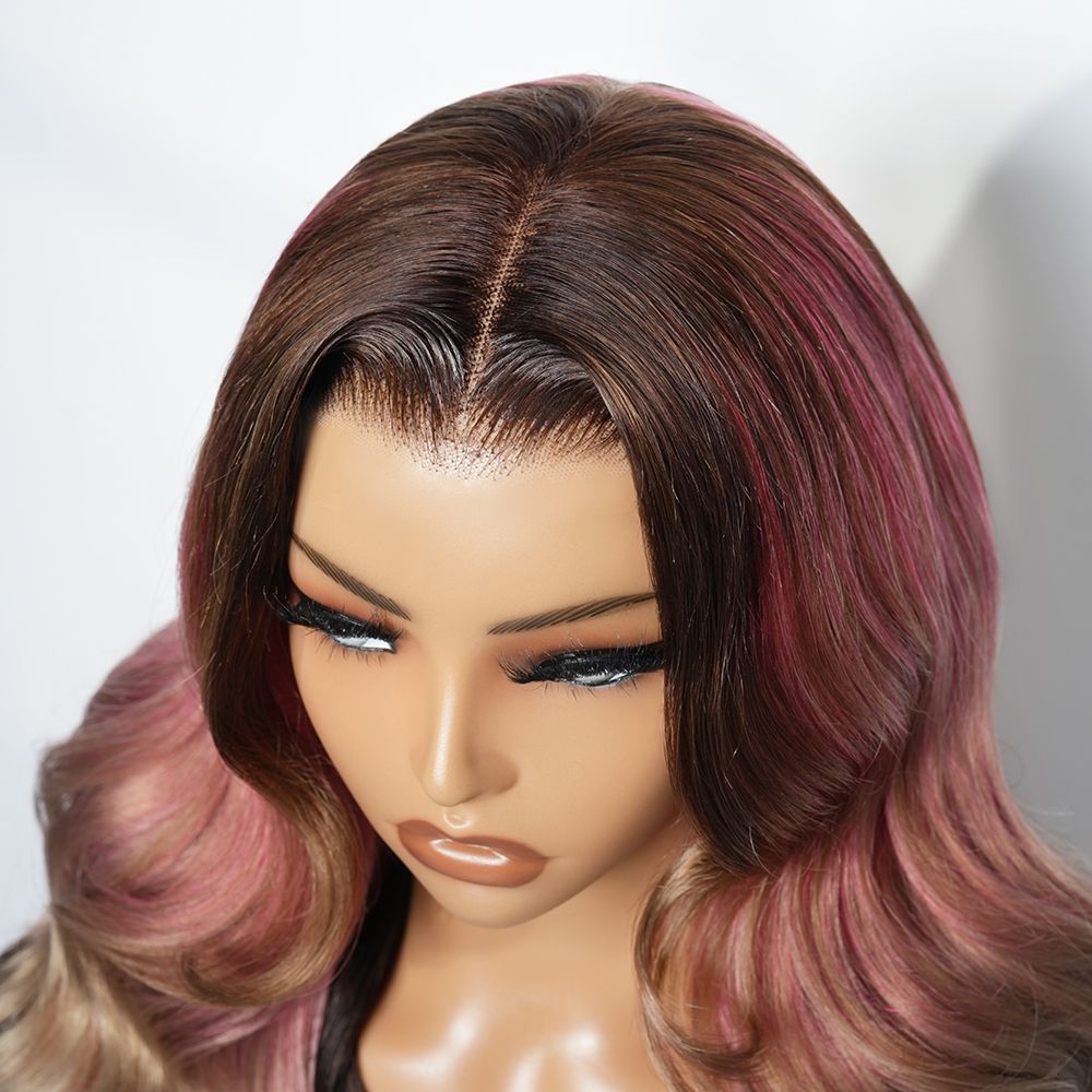 Zlike Pink Money Piece Smoky Ombre Body Wave Human Hair Glueless Wigs Pre-Cut 13x4 Transparent Lace Wigs