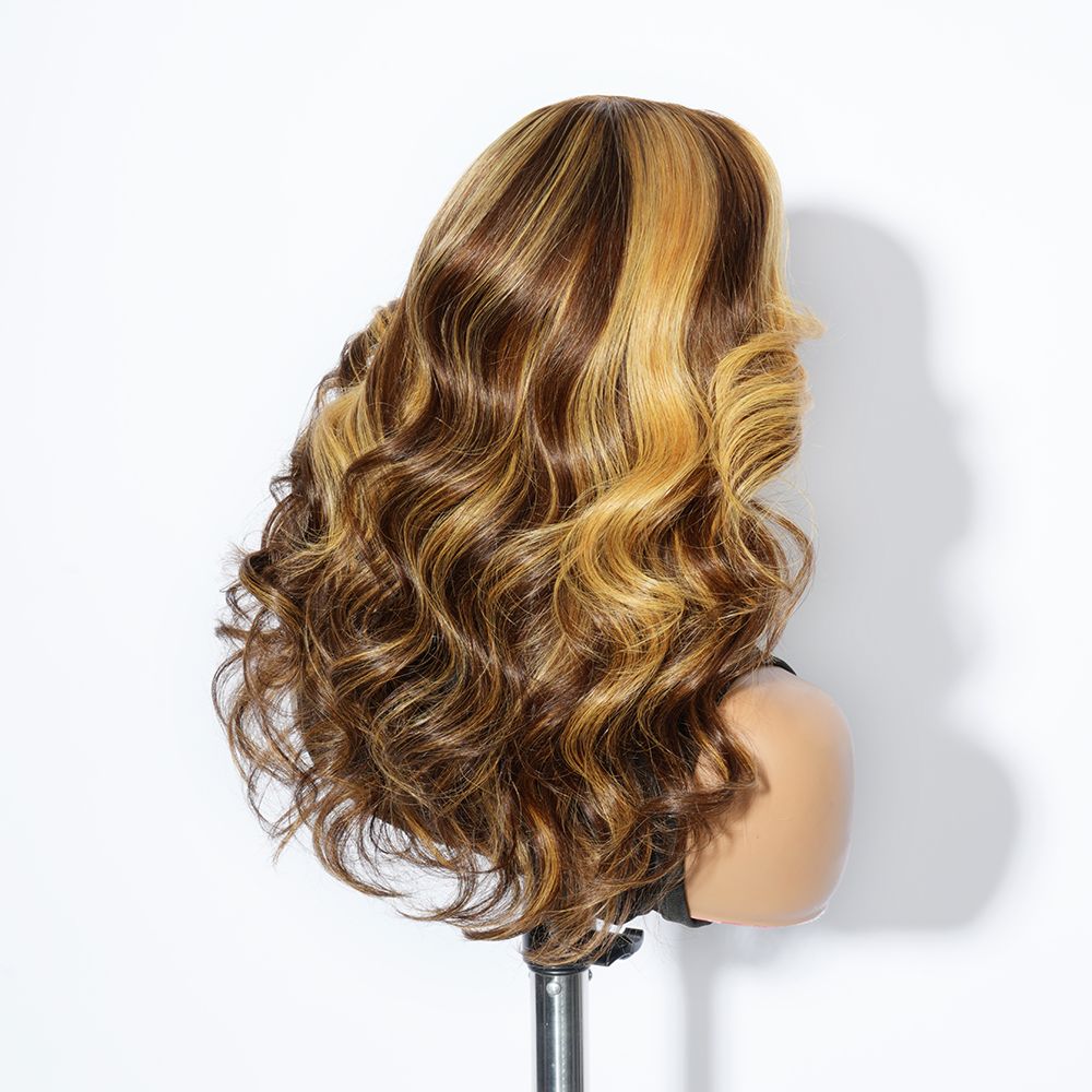 Zlike 7x5 Transparent Lace Glueless Wigs Virgin Human Hair Layer Bouncy Curls Wigs Custom Blonde Highlight Color