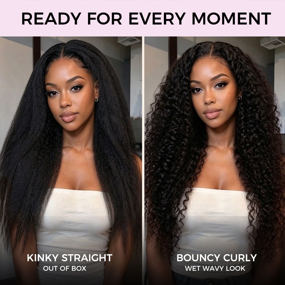 Zlike 2-In-1 Kinky Straight To Curly Wet & Wavy 13x4 Lace Wigs Pre-Cut Lace Pull Go Glueless Human Hair