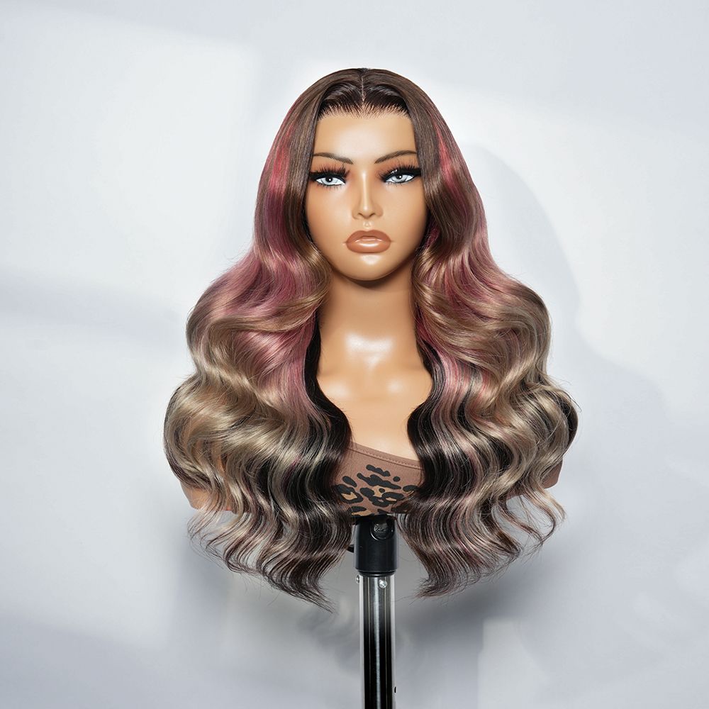 Zlike Pink Money Piece Smoky Ombre Body Wave Human Hair Glueless Wigs Pre-Cut 13x4 Transparent Lace Wigs