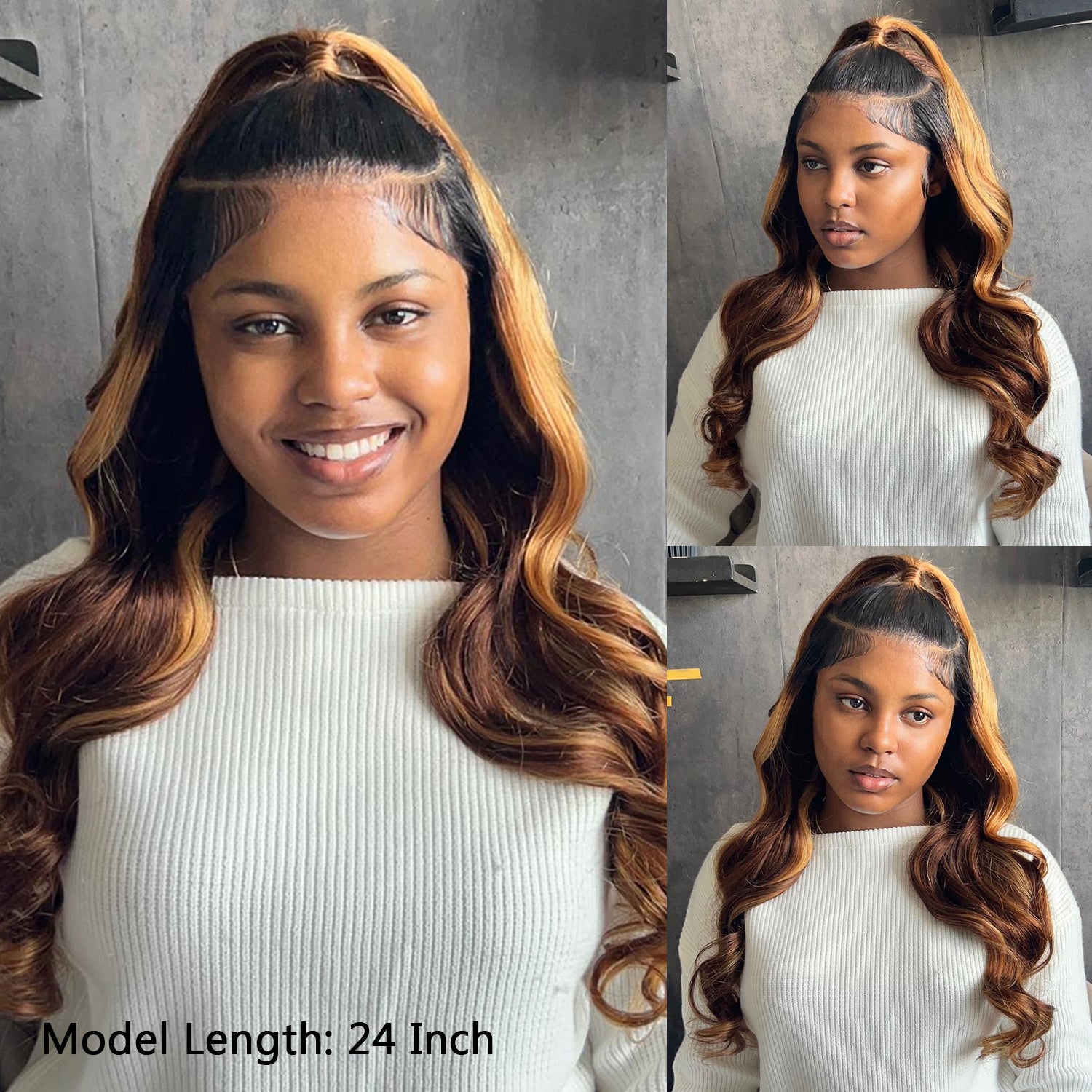 Black Roots Body Wave 4/27 Ombre Highlight Transparent Lace Frontal Human Hair Wigs High Density