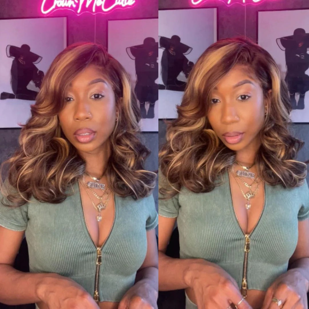Zlile Blonde Highlight Pre-Styled Body Wave Ready To Go Glueless Layer Wavy Bob Wig With Baby Hair