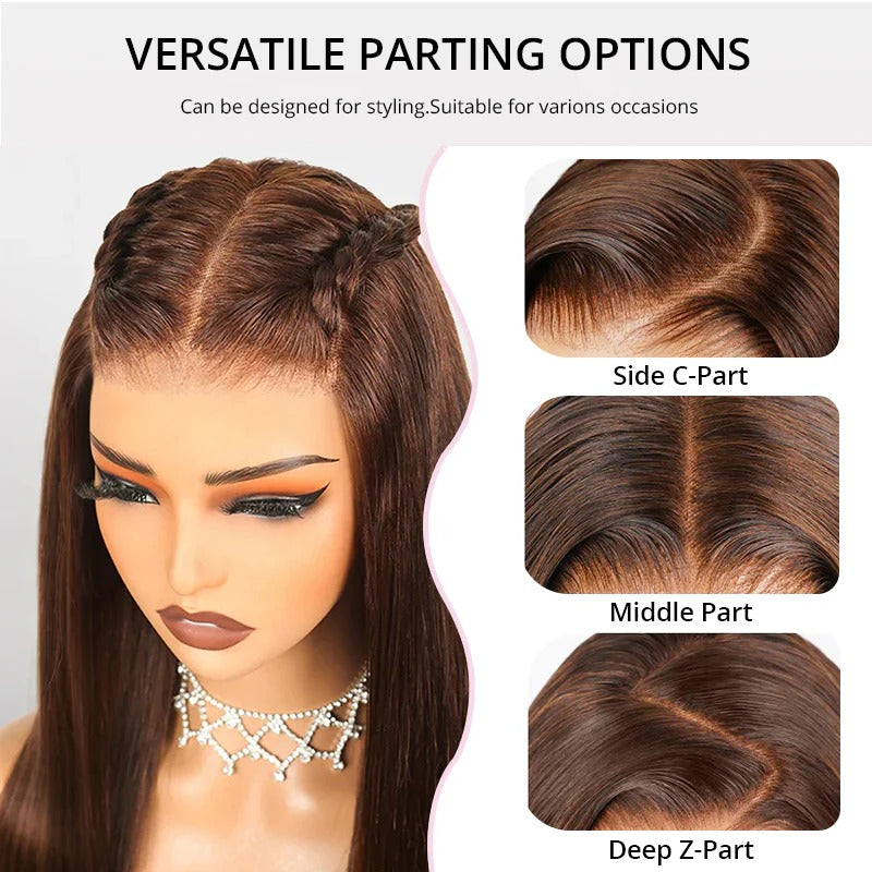 Zlike Straight Chocolate Brown Color Layered Cut Wear Go Glueless Wigs 100% Human Hair Lace Closure Wigs