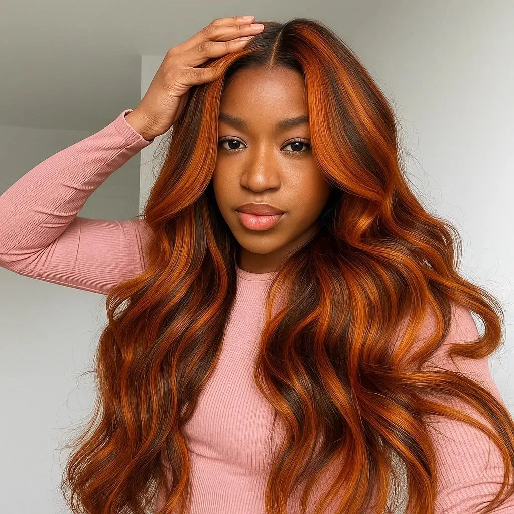 Zlike Ginger Highlight Body Wave Wig 360 Lace Frontal Invisi Strap Snug Fit Human Hair Wigs