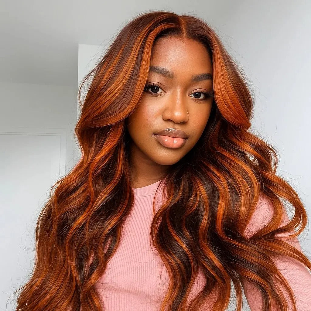 Zlike Ginger Highlight Body Wave Wig 360 Lace Frontal Invisi Strap Snug Fit Human Hair Wigs