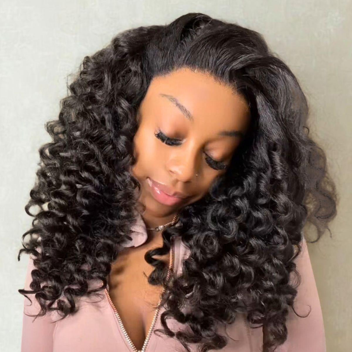Zlike Natural Black Yaki Wand Curl Human Hair Wig 300% Density 13x4 Transparent Lace Glueless Pre-Cut Lace Wig with Drawstring Cap