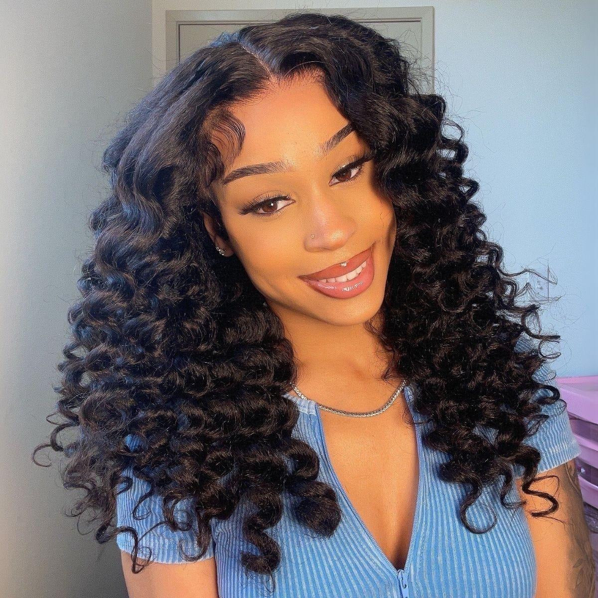 Zlike Natural Black Yaki Wand Curl Human Hair Wig 300% Density 13x4 Transparent Lace Glueless Pre-Cut Lace Wig with Drawstring Cap