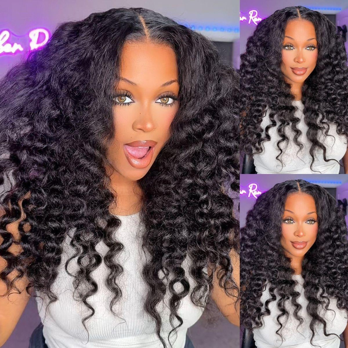 Zlike Natural Black Yaki Wand Curl Human Hair Wig 300% Density 13x4 Transparent Lace Glueless Pre-Cut Lace Wig with Drawstring Cap