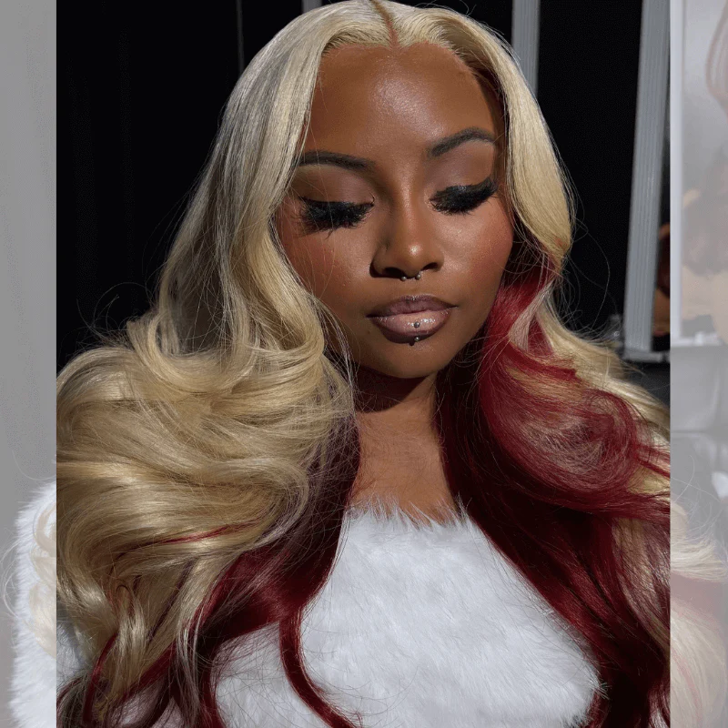 Zlike Peekaboo Blonde 99J Red 13x4 Transparent Lace Front Glueless Wig with Drawstring 200% Density Virgin Human Hair Wig