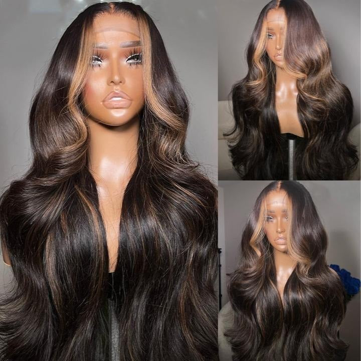 Zlike Money Piece Brown Body Wave Transparent Lace Front Wigs Glueless Human Hair Wigs with Drawstring Skunk Stripe Highlight for Women
