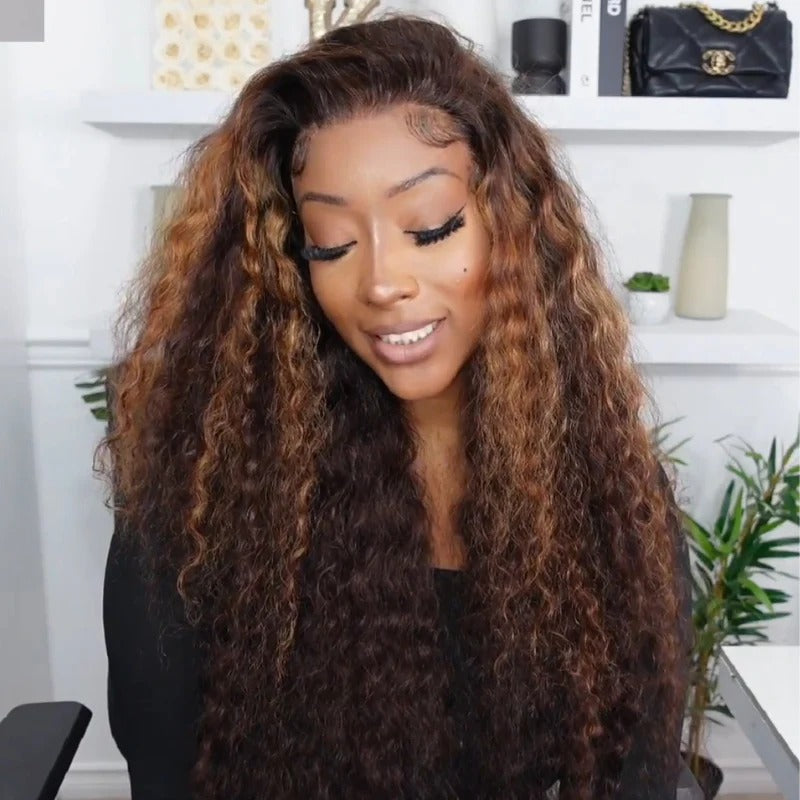 Zlike 300% Density Bold Bounce Glueless Water Wave Highlight Blonde Color 13x4 Transparent Lace Front Wigs