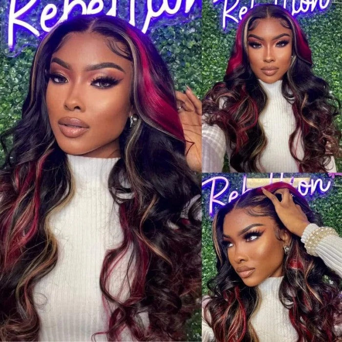 Zlike Glueless Loose Wave Black Burgundy Blonde Highlight 13x4 Lace Front Human Hair Wigs With Drawstring