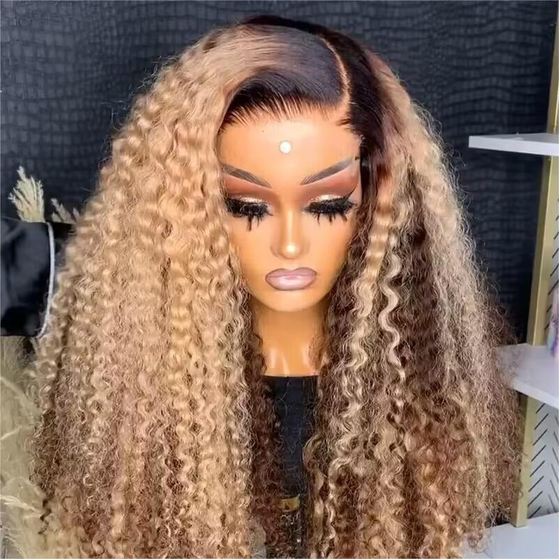 Zlike Honey Blonde Highlight Water Wave Wigs With Dark Roots 13x4 Lace Front Human Hair Wigs