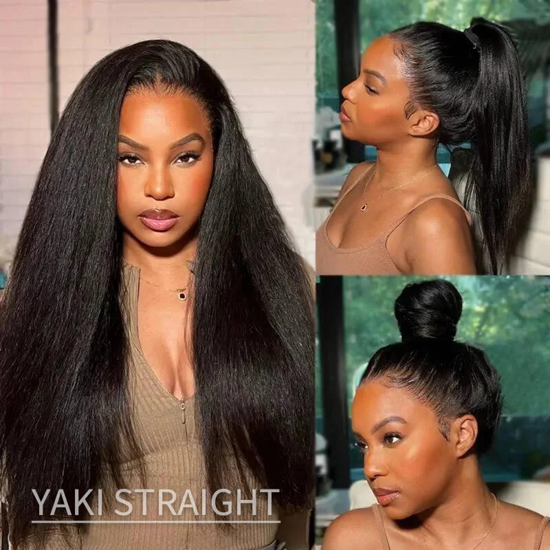 Zlike 4C Curly Edges Hairline Glueless Yaki Straight 7x5/13x4 Lace Frontal Wigs with Drawstring