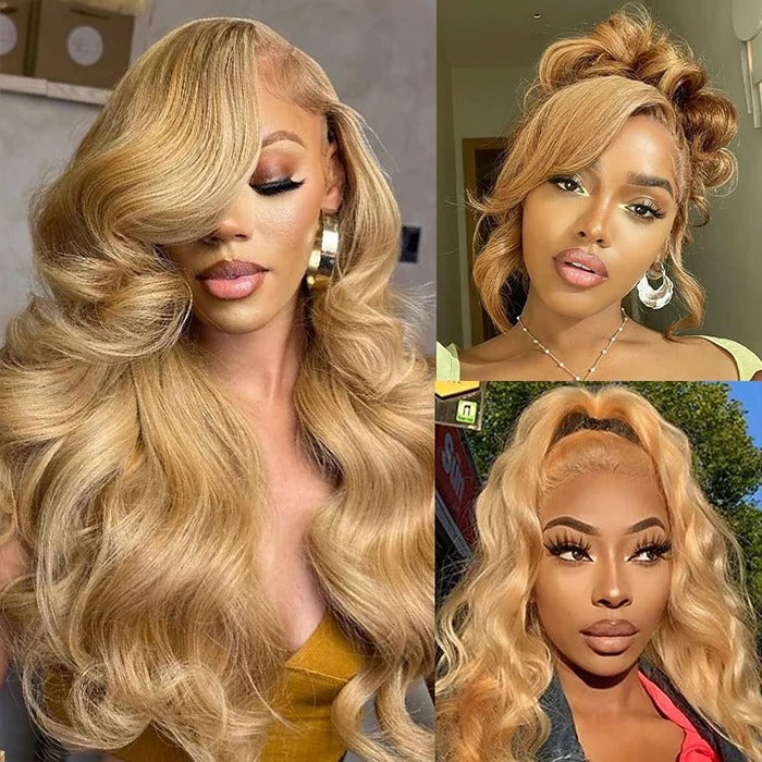 Zlike #27 Honey Blonde Color Invisible-Pull String 360 Lace Frontal Wigs Glueless HD Lace Wigs With Pre Plucked