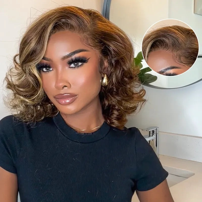 Zlile Blonde Highlight Pre-Styled Body Wave Ready To Go Glueless Layer Wavy Bob Wig With Baby Hair