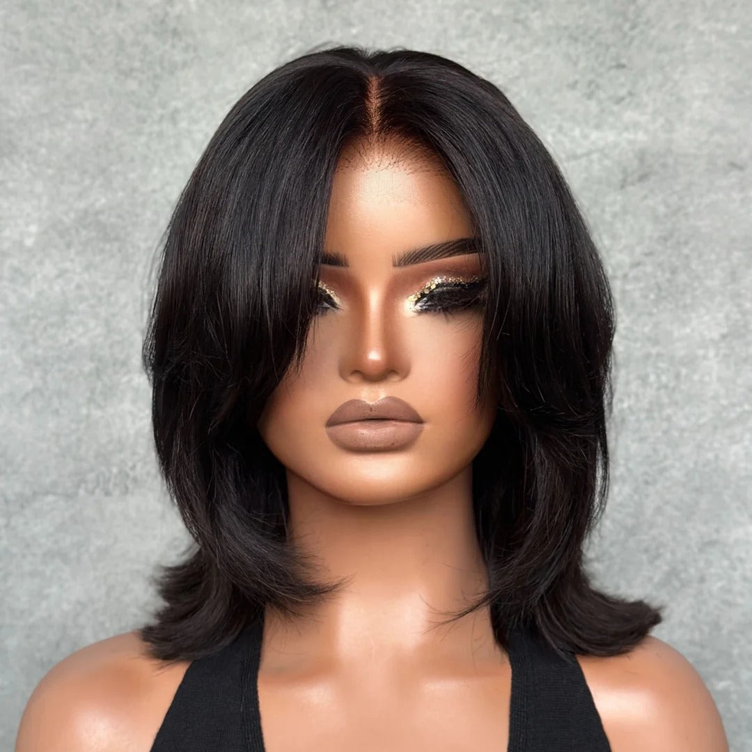 Zlike 7x5 Glueless Lace Human Hair Wigs Sleek Swoop Bangs Face-Framing Layered Bob Blowout