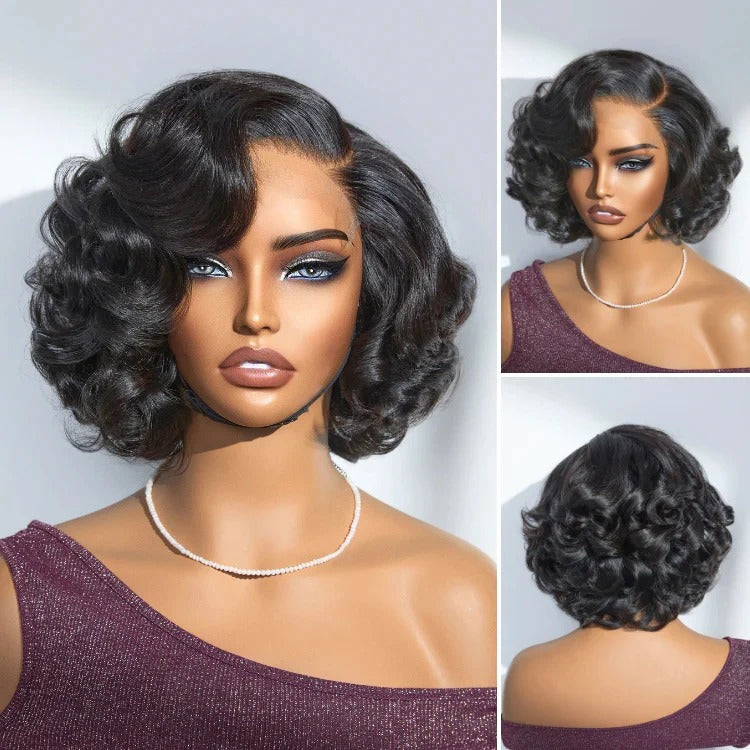 Zlike Side Part Roman Wave Bob Wigs Human Hair Glueless Lace Wig Lady Wigs